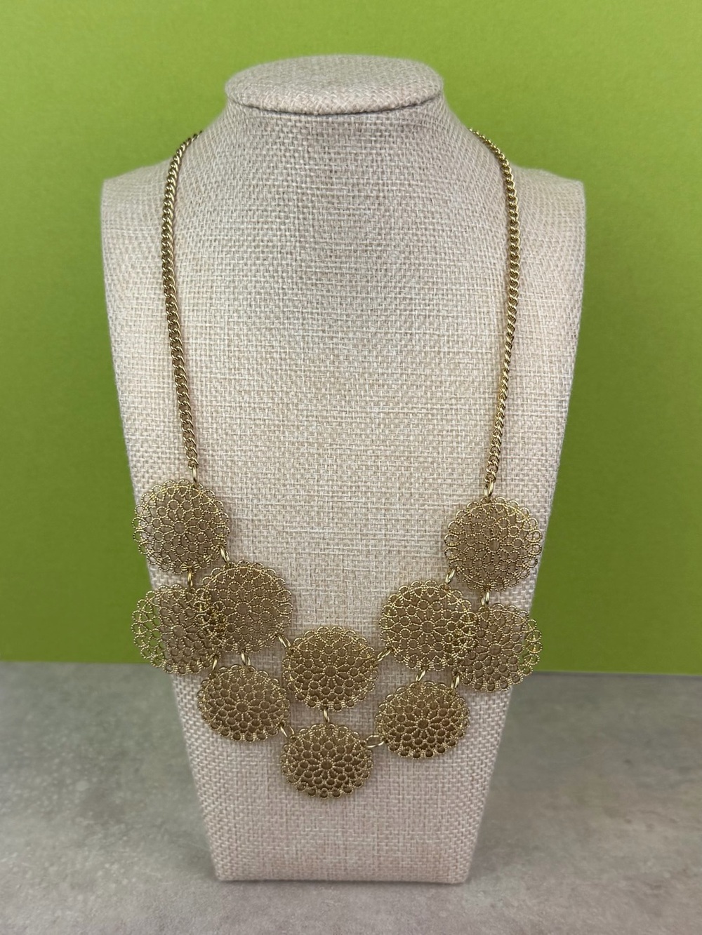 Elegant Gold Tone Lace Filigree Bib Necklace, Boho Statement Medallion Necklace